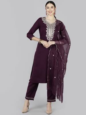 purple color embroidered poly silk styles kurta trouser with dupatta 1