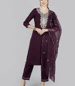 purple color embroidered poly silk styles kurta trouser with dupatta