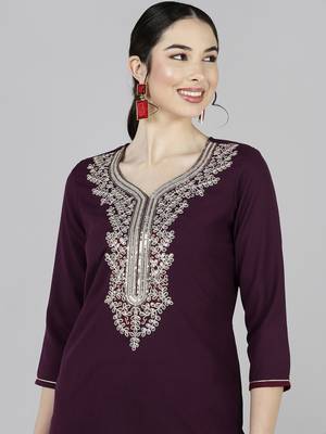 purple color embroidered poly silk styles kurta trouser with dupatta 2