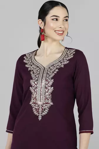 purple color embroidered poly silk styles kurta trouser with dupatta
