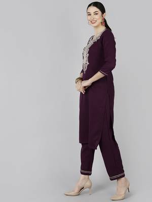 purple color embroidered poly silk styles kurta trouser with dupatta 3