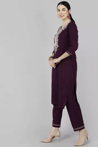 purple color embroidered poly silk styles kurta trouser with dupatta