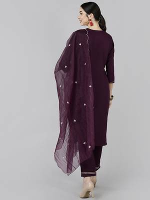 purple color embroidered poly silk styles kurta trouser with dupatta 4
