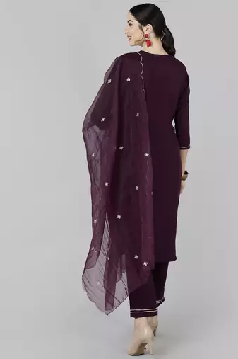 purple color embroidered poly silk styles kurta trouser with dupatta