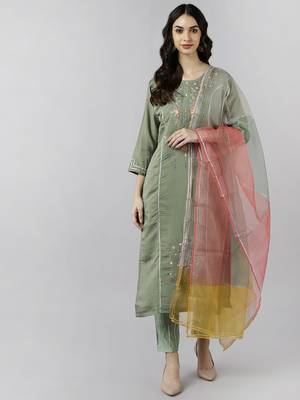 olive color embroidered poly silk styles kurta trouser with dupatta 1