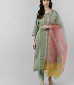 olive color embroidered poly silk styles kurta trouser with dupatta