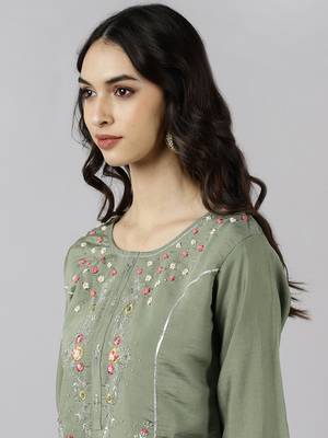 olive color embroidered poly silk styles kurta trouser with dupatta 2