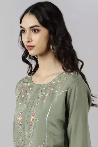 olive color embroidered poly silk styles kurta trouser with dupatta