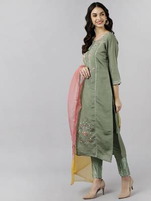 olive color embroidered poly silk styles kurta trouser with dupatta 3