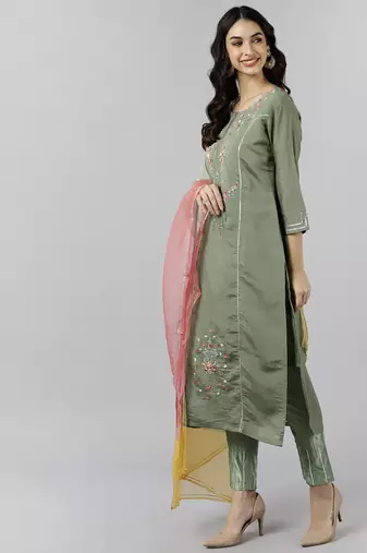 olive color embroidered poly silk styles kurta trouser with dupatta