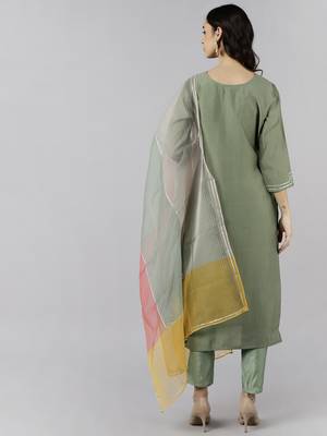 olive color embroidered poly silk styles kurta trouser with dupatta 4