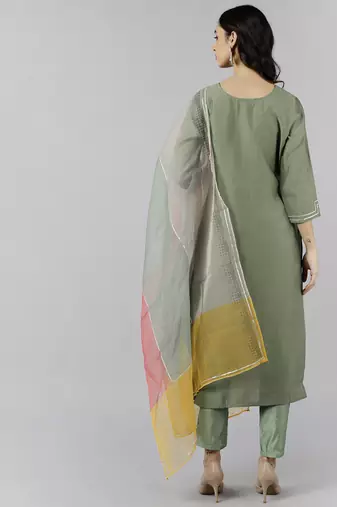olive color embroidered poly silk styles kurta trouser with dupatta