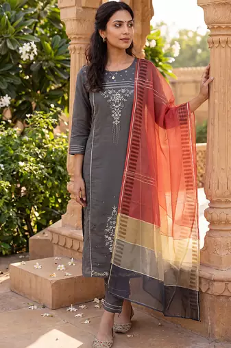 grey color embroidered poly silk styles kurta trouser with dupatta