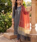 grey color embroidered poly silk styles kurta trouser with dupatta