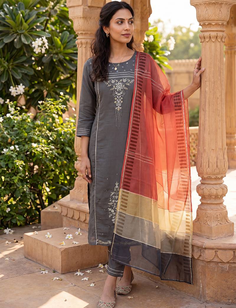 grey color embroidered poly silk styles kurta trouser with dupatta