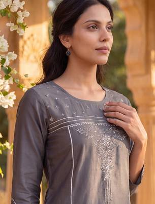 grey color embroidered poly silk styles kurta trouser with dupatta 2
