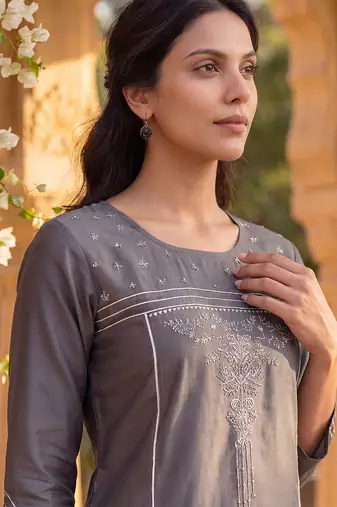 grey color embroidered poly silk styles kurta trouser with dupatta
