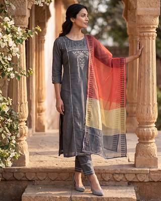 grey color embroidered poly silk styles kurta trouser with dupatta 3