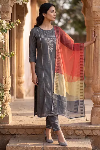 grey color embroidered poly silk styles kurta trouser with dupatta