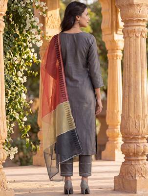 grey color embroidered poly silk styles kurta trouser with dupatta 4