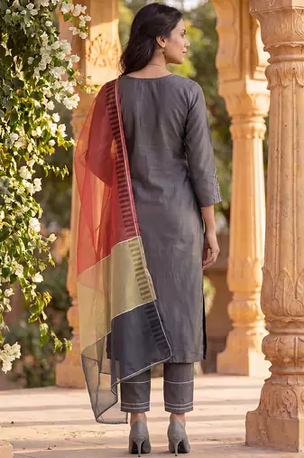 grey color embroidered poly silk styles kurta trouser with dupatta