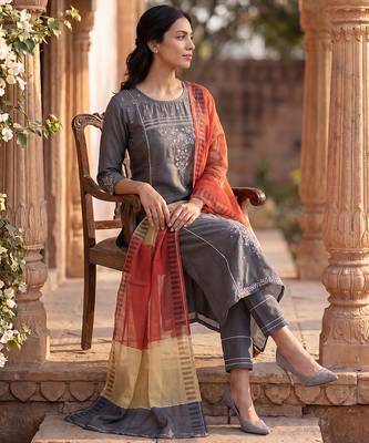 grey color embroidered poly silk styles kurta trouser with dupatta 5