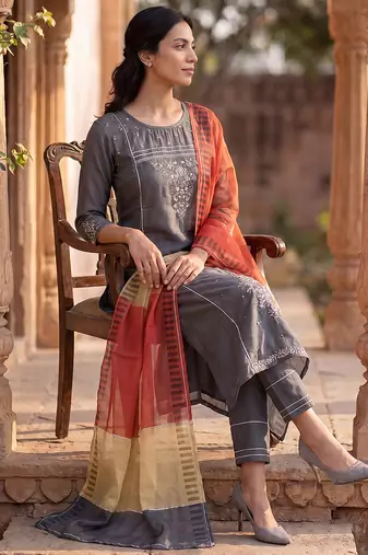 grey color embroidered poly silk styles kurta trouser with dupatta