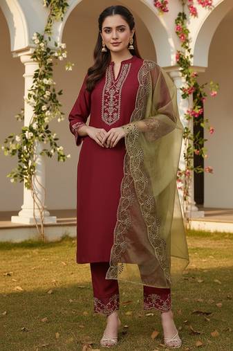 red color embroidered poly silk styles kurta trouser with dupatta