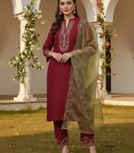 red color embroidered poly silk styles kurta trouser with dupatta