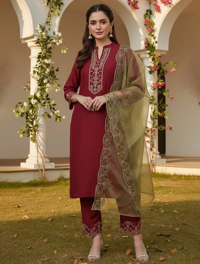 red color embroidered poly silk styles kurta trouser with dupatta