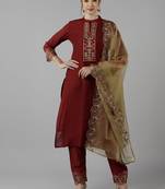 red color embroidered poly silk styles kurta trouser with dupatta