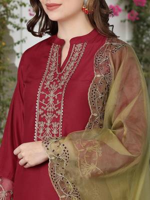 red color embroidered poly silk styles kurta trouser with dupatta 2