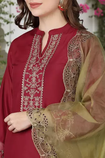 red color embroidered poly silk styles kurta trouser with dupatta