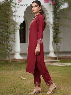 red color embroidered poly silk styles kurta trouser with dupatta 3