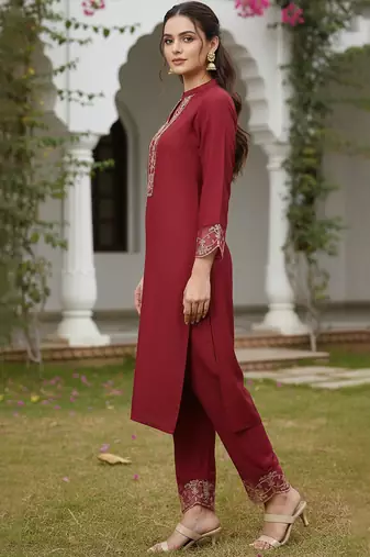 red color embroidered poly silk styles kurta trouser with dupatta