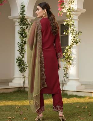 red color embroidered poly silk styles kurta trouser with dupatta 4