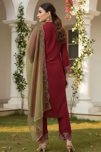 red color embroidered poly silk styles kurta trouser with dupatta