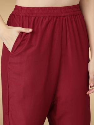 red color embroidered poly silk styles kurta trouser with dupatta 5
