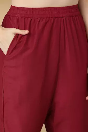 red color embroidered poly silk styles kurta trouser with dupatta