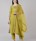 mustard color embroidered poly silk styles kurta trouser with dupatta