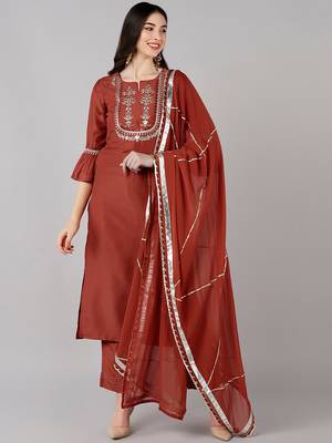 rust color embroidered polyester styles kurta trouser with dupatta 1