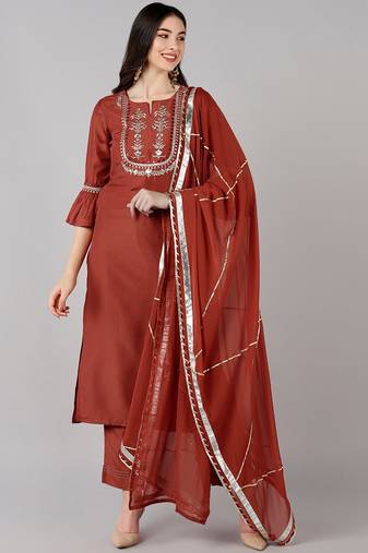 rust color embroidered polyester styles kurta trouser with dupatta
