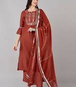 rust color embroidered polyester styles kurta trouser with dupatta