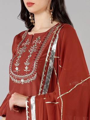 rust color embroidered polyester styles kurta trouser with dupatta 2