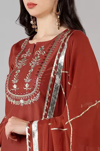 rust color embroidered polyester styles kurta trouser with dupatta