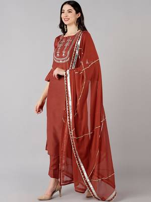 rust color embroidered polyester styles kurta trouser with dupatta 3