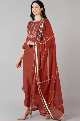 rust color embroidered polyester styles kurta trouser with dupatta