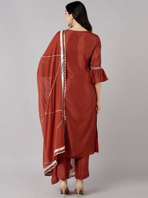 rust color embroidered polyester styles kurta trouser with dupatta 4