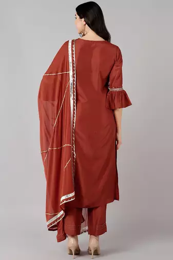 rust color embroidered polyester styles kurta trouser with dupatta