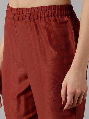 rust color embroidered polyester styles kurta trouser with dupatta 5